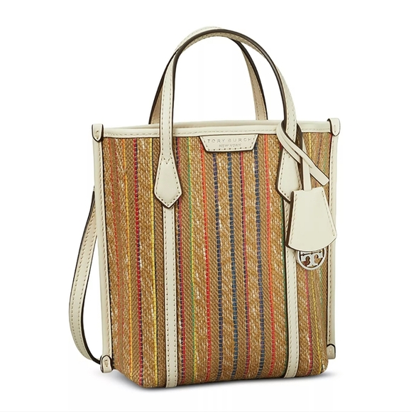 Tory Burch Mini Perry Striped Raffia Tote - Picture 1 of 4